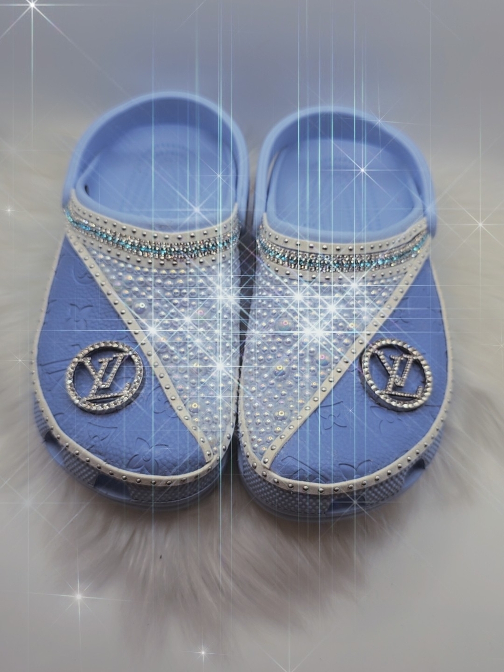 Blue Rhinestone Embellished Women's Slip-On Sandals